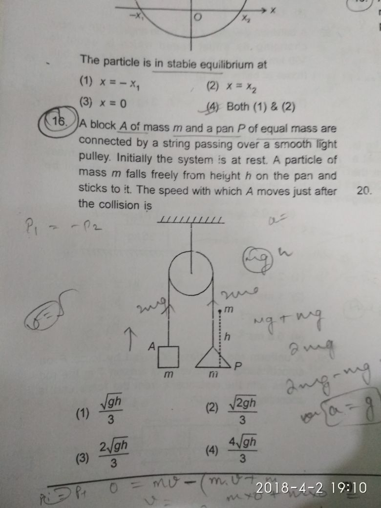 Question image for A block of mass M and pan B of equal mass are conn